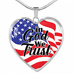 In God We Trust American Flag Heart Pendant Necklace - Womens Patriotic Jewelry - Heart Luxury Necklace (Silver)