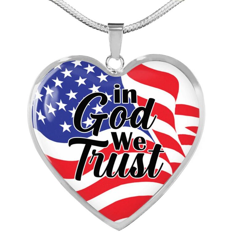 In God We Trust American Flag Heart Pendant Necklace - Womens Patriotic Jewelry - Heart Luxury Necklace (Silver)