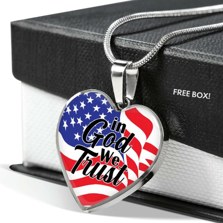 In God We Trust American Flag Heart Pendant Necklace - Womens Patriotic Jewelry - Heart Luxury Necklace (Silver)