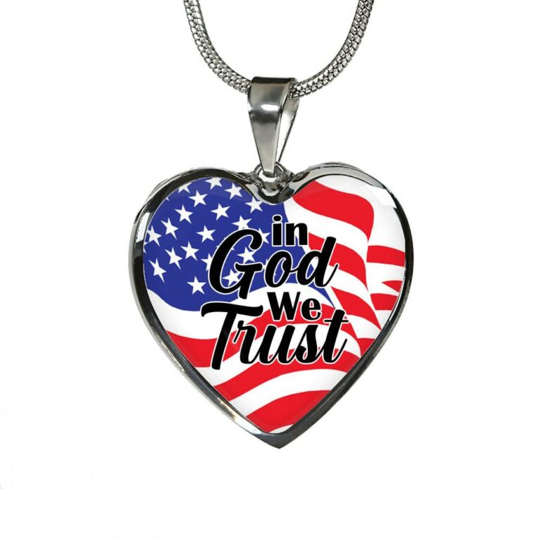 In God We Trust American Flag Heart Pendant Necklace - Womens Patriotic Jewelry - Heart Luxury Necklace (Silver)