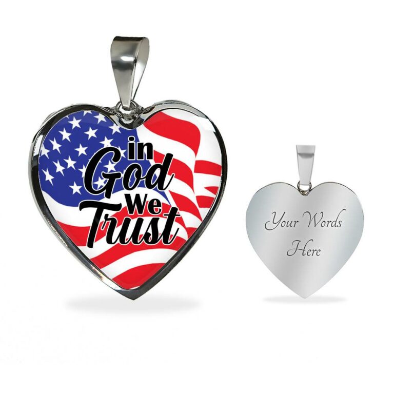 In God We Trust American Flag Heart Pendant Necklace - Womens Patriotic Jewelry - Heart Luxury Necklace (Silver)