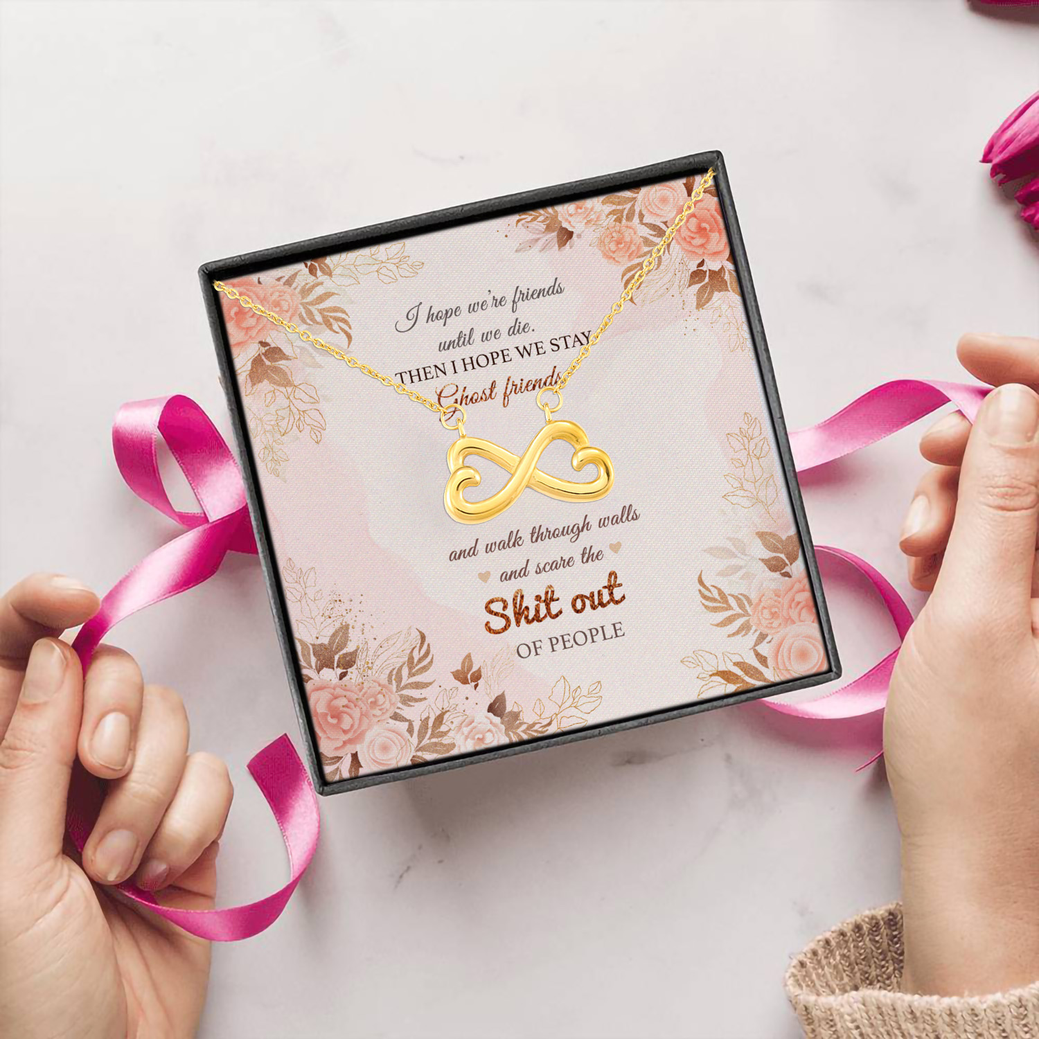 1HP. Friend Until Die (Message Card ) Infinity Heart Necklace (Gold) 5