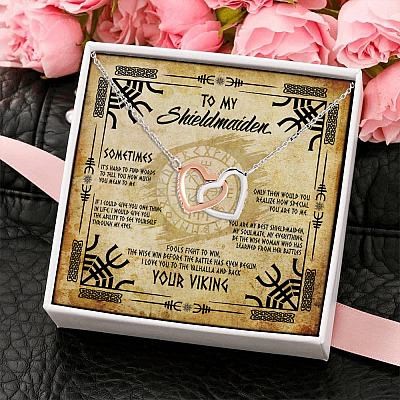 To My Shieldmaiden I Love You to Valhalla And Back Interlocking Hearts Pendant Necklace Viking Wife Necklace