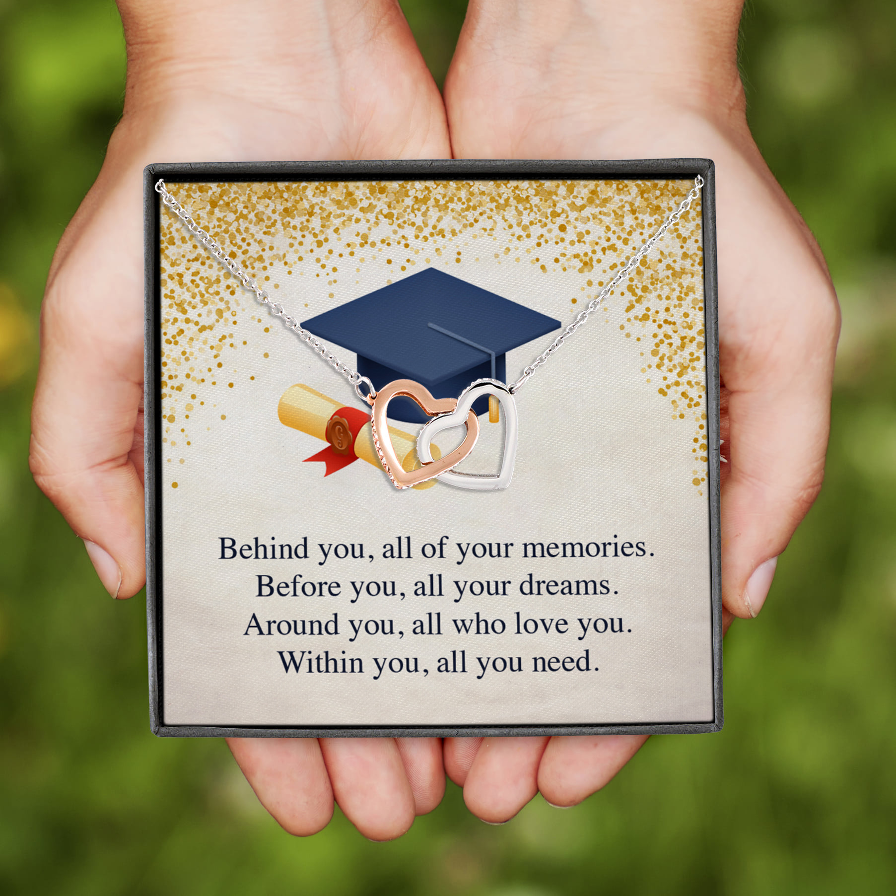 2LV. Behind You Graduation - Message Card (4) Interlocking Hearts Necklace