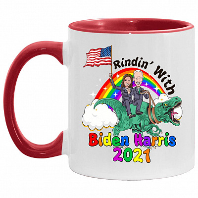 Riding Dinosaur with Biden Harris Accent Mug, White/Red, 11 oz. Accent Mug