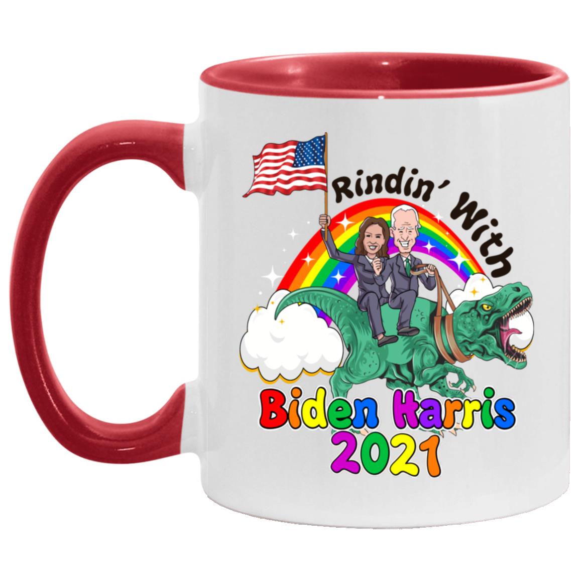 Riding Dinosaur with Biden Harris Accent Mug, White/Red, 11 oz. Accent Mug Riding Dinosaur with Biden Harris Accent Mug, White/Red, 11 oz. Accent Mug