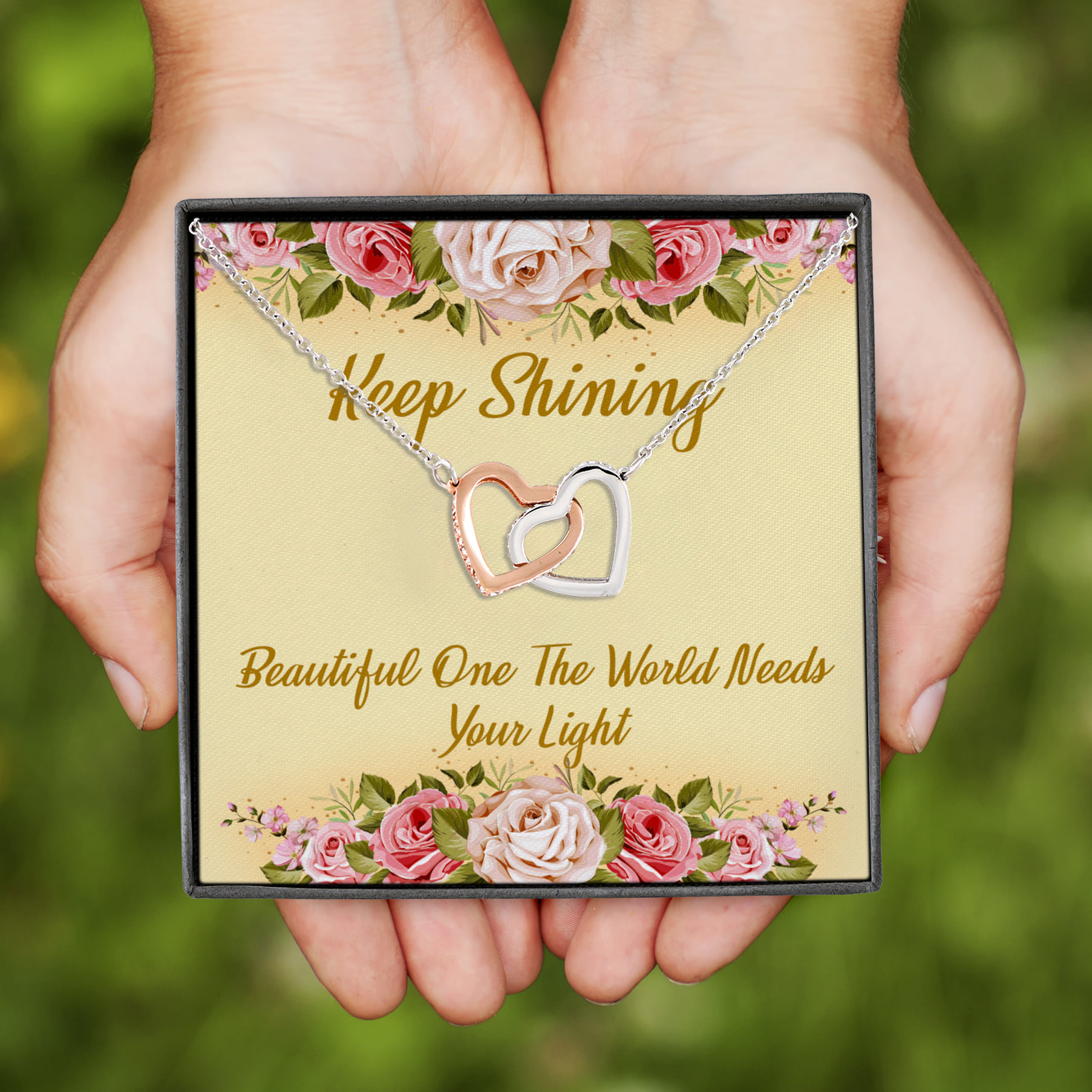 1HP. Keep Shining Message Card Interlocking Hearts Necklace