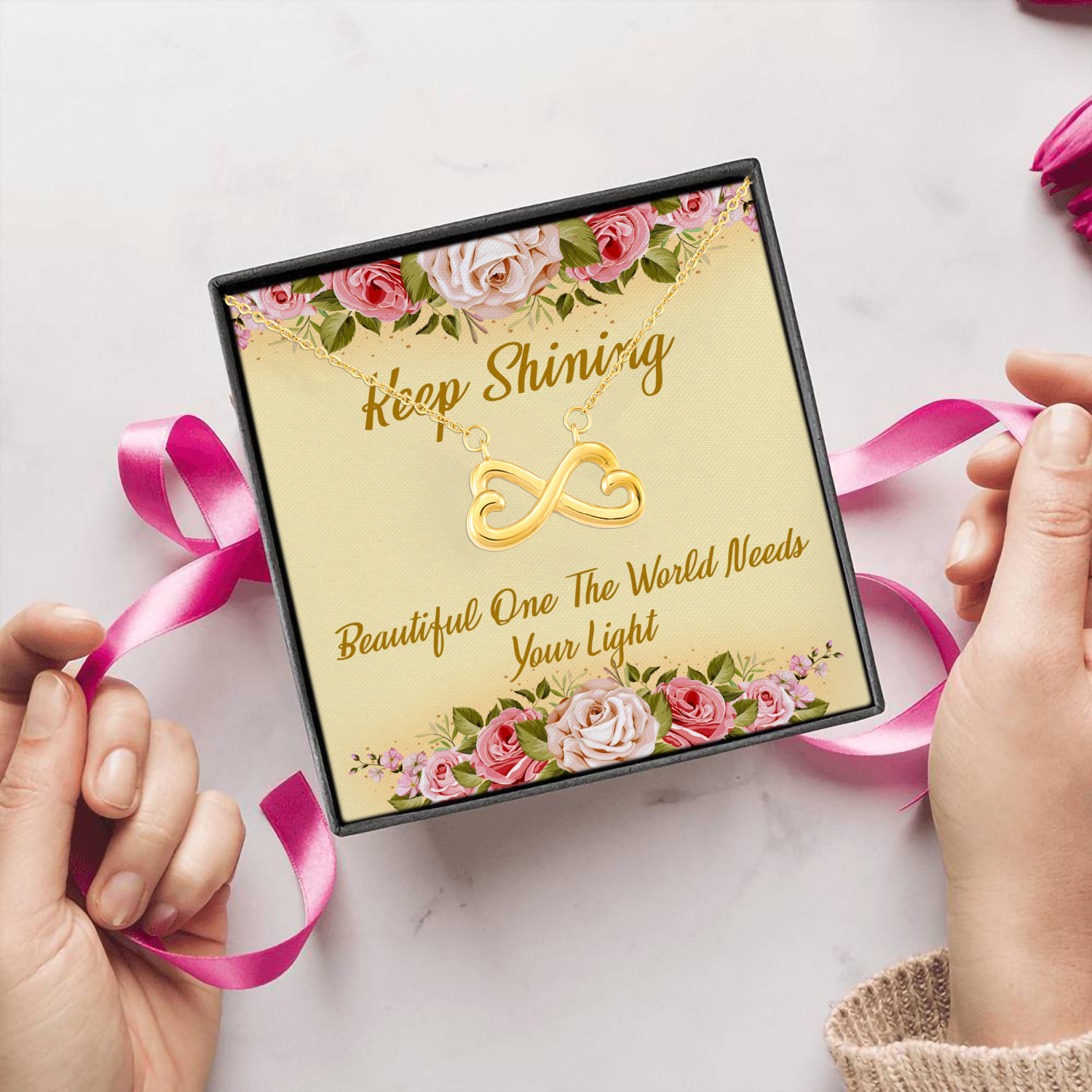 1HP. Keep Shining Message Card Infinity Heart Necklace (Gold) 5