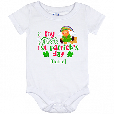 Personalized First Saint Patrick's Day Baby Onesie - Leprechaun Clover 1st St Patrick Day Toddler Bodysuit, White, Baby Onesie - 12 Month