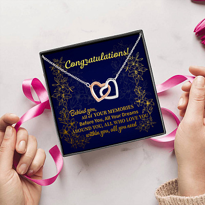 Alternative view of Congratulations Graduation Hat Behind You All Of Your Memories Interlocking Hearts Necklace - Graduation Gift
