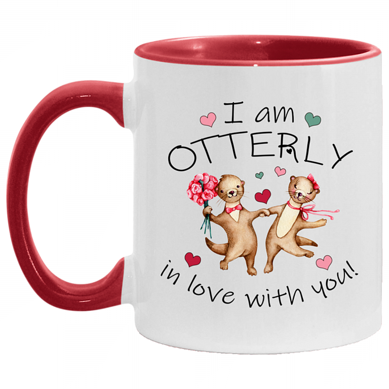 Otter Valentine Accent Mug - Otterly Love You Cute Otter Couple Valentine's Day Mug, White/Red, 11 oz. Accent Mug