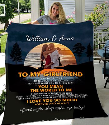 Custom Photo To My Girlfriend You Mean The World to Me Fleece Blanket - Mink Blanket - Woven Blanket