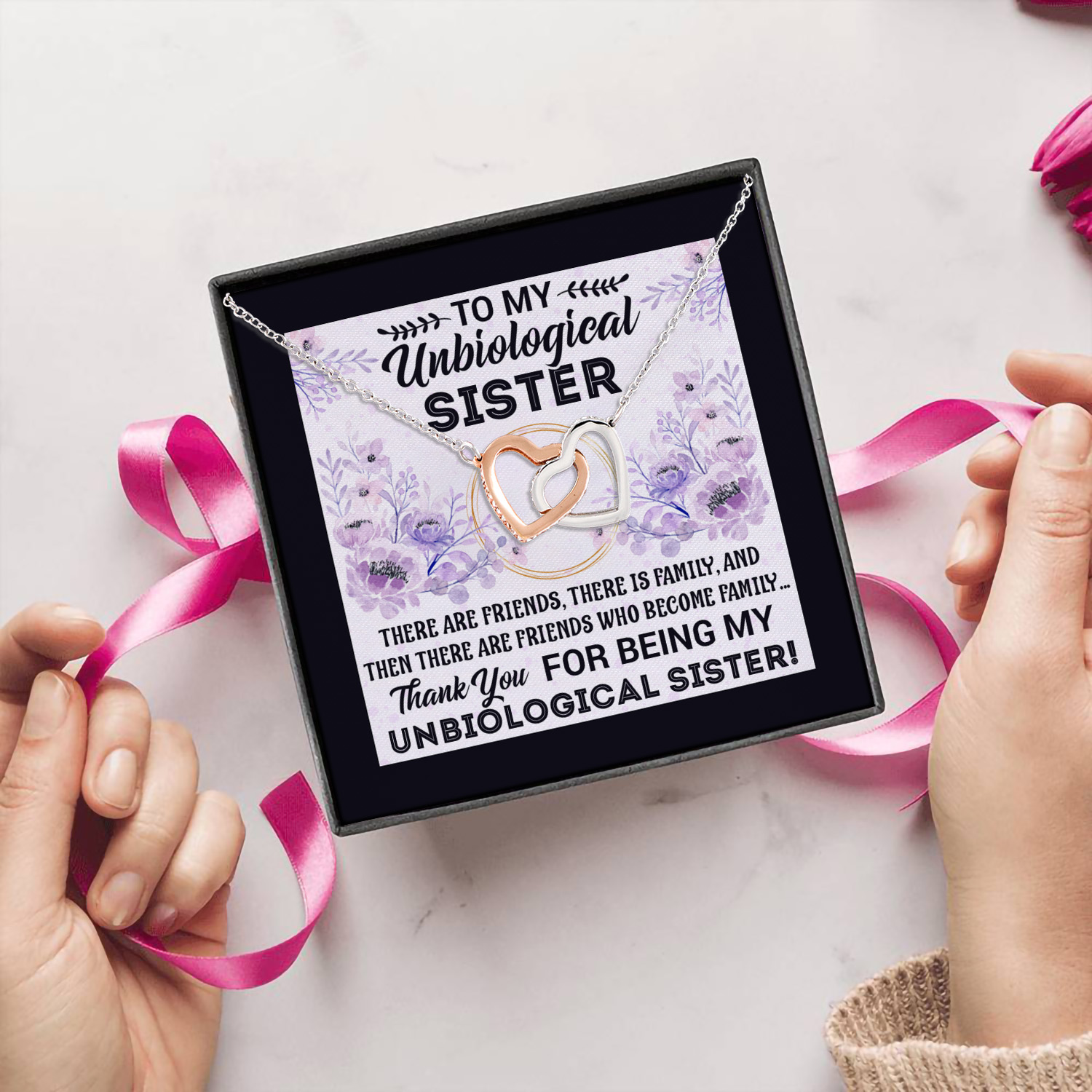 1HP. Unbiological Sister card (4) Interlocking Hearts Necklace 5