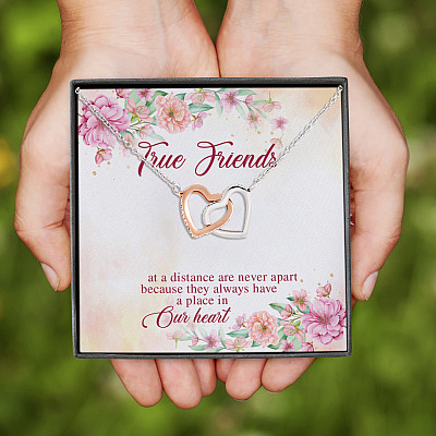 Alternative view of True Friends At A Distance Are Never Apart Interlocking Hearts Pendant Necklace