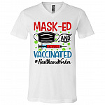 Mask-ed And Vaccinated Healthcare T-Shir, White, V-Neck T-Shirt