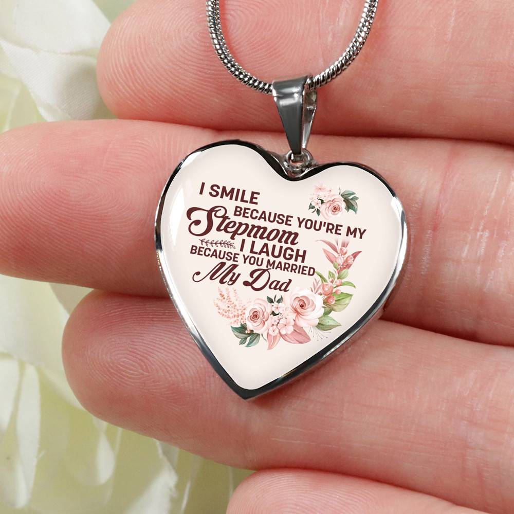 I Smile Because You're My Step Mom I Laugh Because You Married My Dad Heart Pendant Necklace Gifts - Heart Luxury Necklace (Silver) I Smile Because You're My Step Mom I Laugh Because You Married My Dad Heart Pendant Necklace Gifts - Heart Luxury Necklace (Silver)