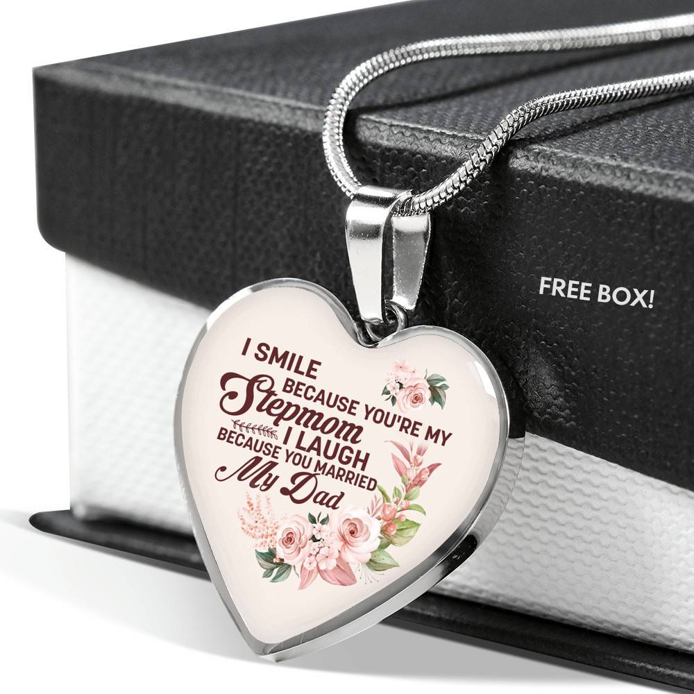 I Smile Because You're My Step Mom I Laugh Because You Married My Dad Heart Pendant Necklace Gifts - Heart Luxury Necklace (Silver) I Smile Because You're My Step Mom I Laugh Because You Married My Dad Heart Pendant Necklace Gifts - Heart Luxury Necklace (Silver)