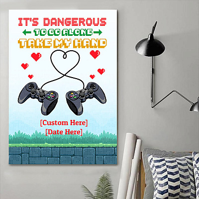 Alternative view of Personalized It's Dangerous To Go Alone Take My Hand Gamer Couple Framed Canvas - Unframed Poster