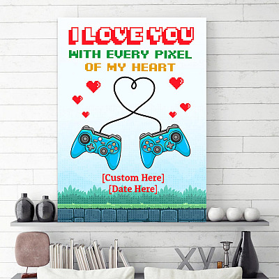 Alternative view of Personalized I Love You With Every Pixel Of My Heart Gamer Couple Framed Canvas - Unframed Poster