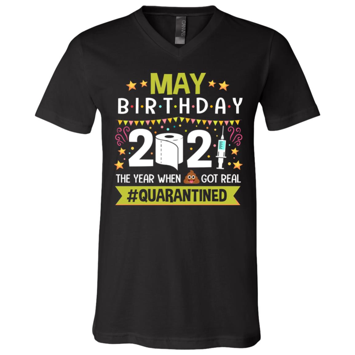 May Birthday The Year When, Black, V-Neck T-Shirt