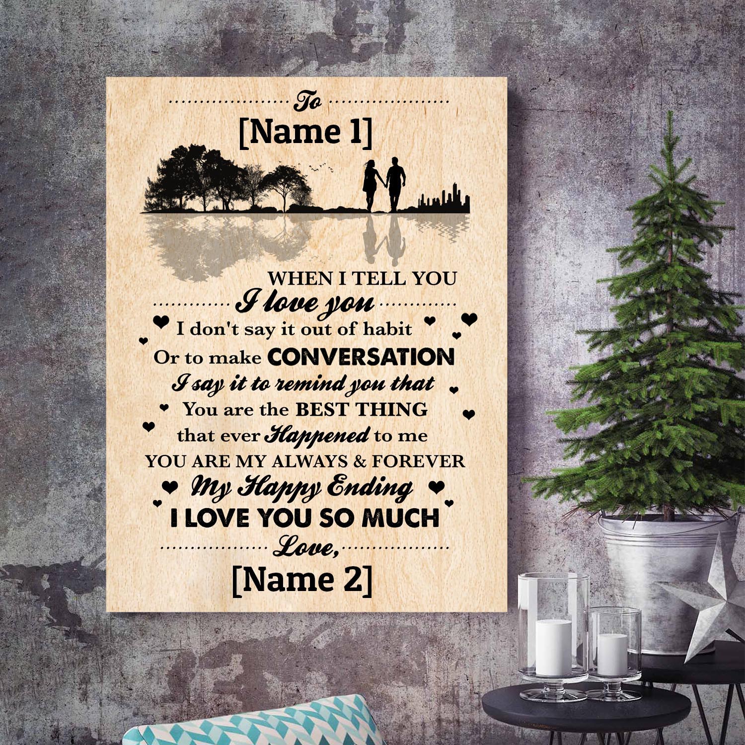 mock up poster on the concrete wall with christamas decoration,