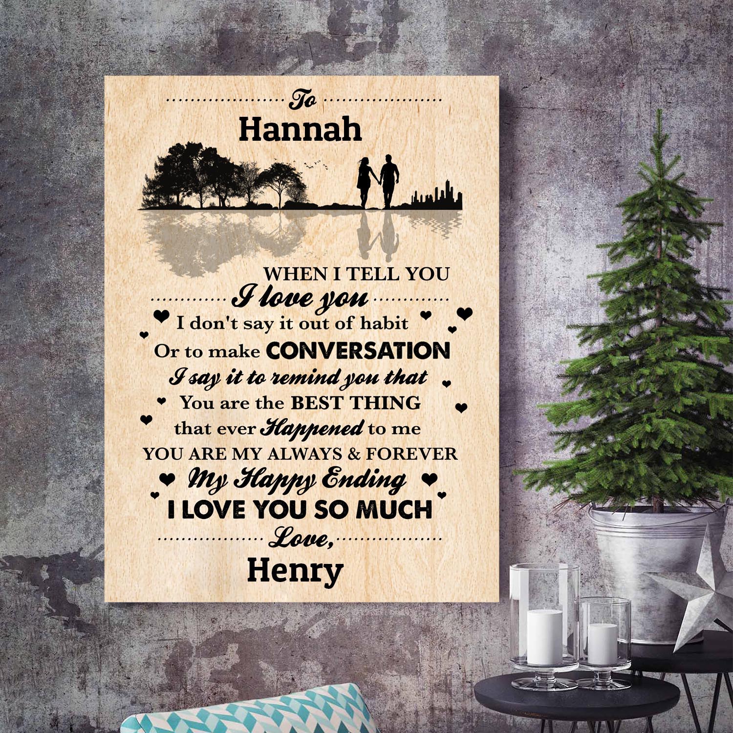 mock up poster on the concrete wall with christamas decoration,