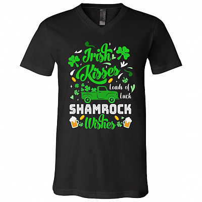 Irish Kisses Shamrock Wishes, Black, V-Neck T-Shirt