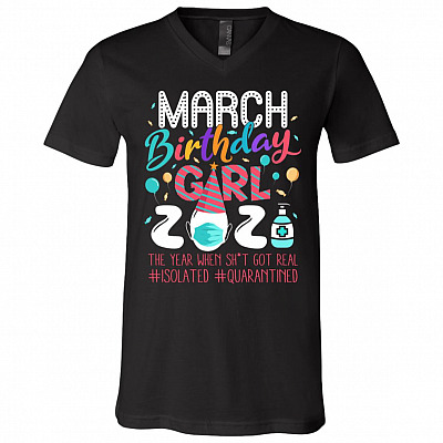 March Birthday Girl 2021, Black, V-Neck T-Shirt