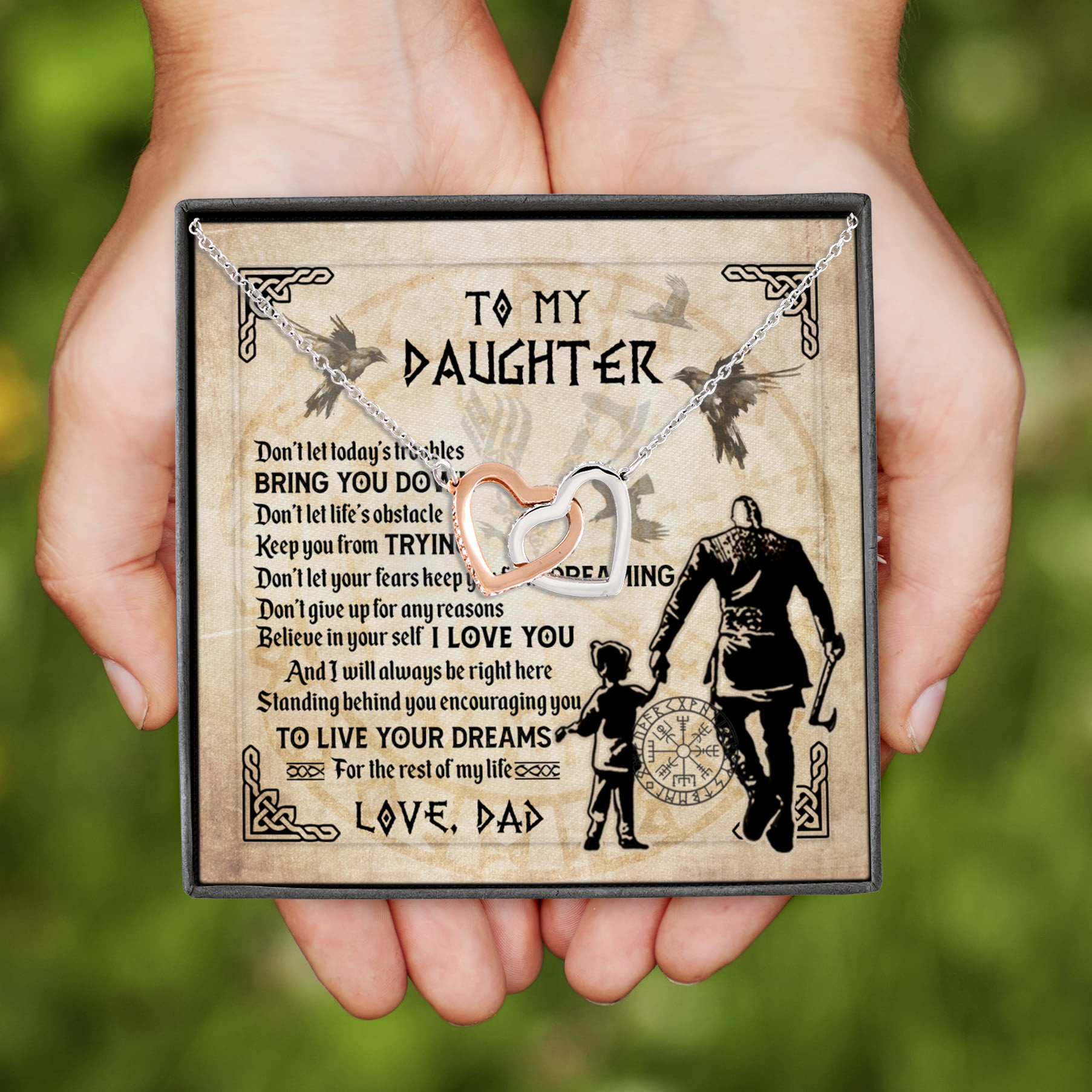 5LV. Viking Todays Troubles (Message Card) Interlocking Hearts Necklace