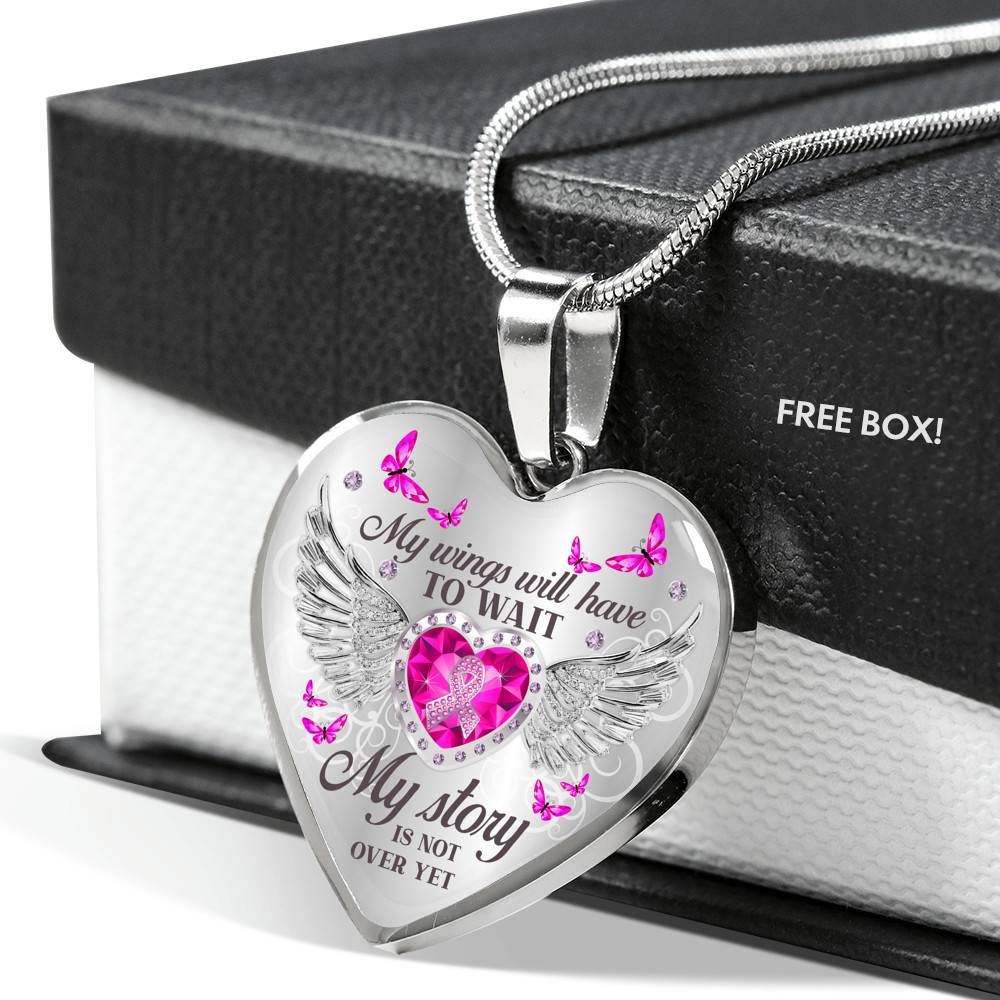 My Wings Will Have to Wait My Story Is Not Over - Breast Cancer Warrior Heart Pendant Necklace - Heart Luxury Necklace (Silver)