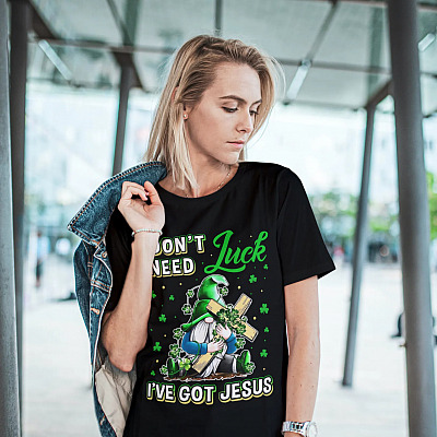 Alternative view of Gnome I Don't Need Luck I've Got Jesus St Patrick's Day T-Shirt - V-neck - Shamrock Gift Shirt