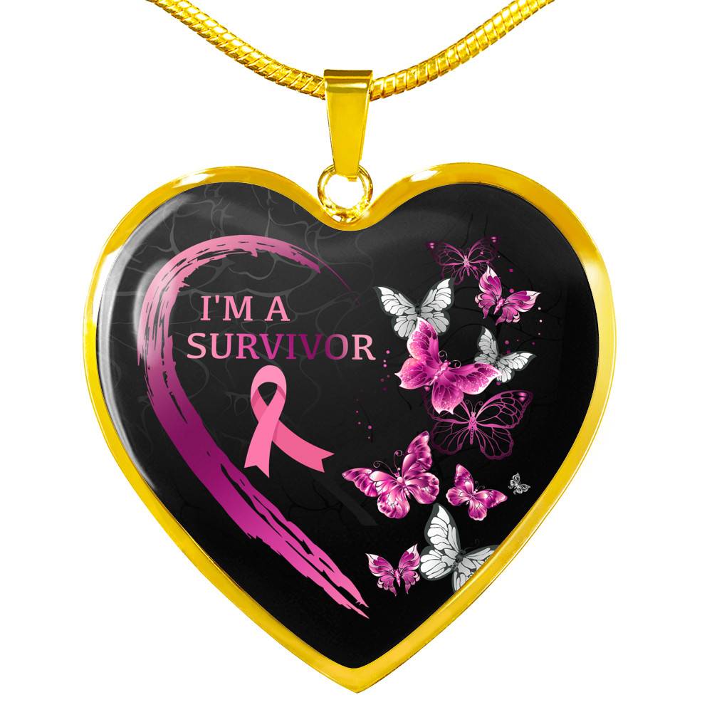 Pink Ribbon Butterfly I'm a Survivor Breast Cancer Awareness Month Heart Pendant Necklace Gifts - Heart Luxury Necklace (Gold Plated)