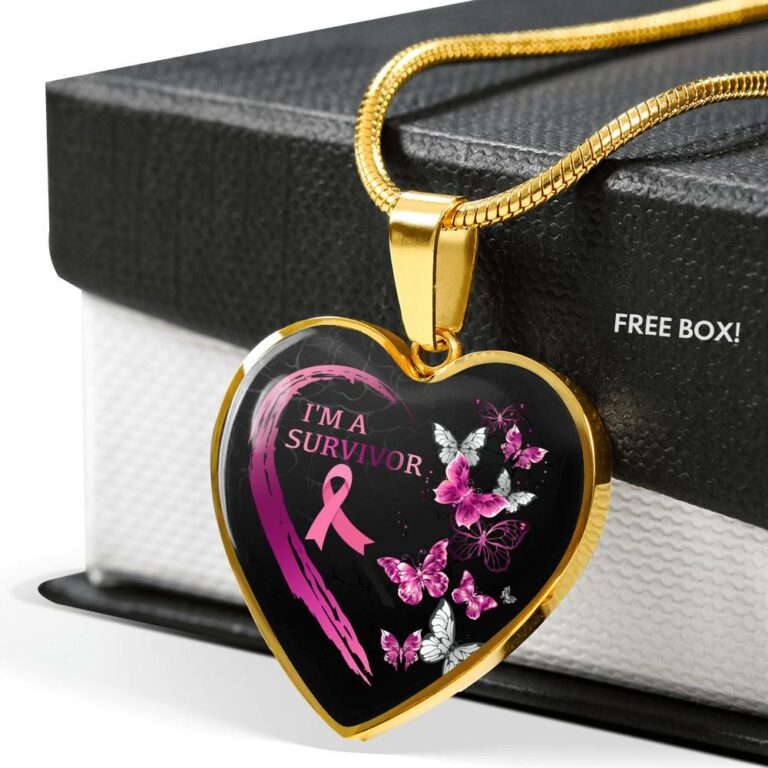 Pink Ribbon Butterfly I'm a Survivor Breast Cancer Awareness Month Heart Pendant Necklace Gifts - Heart Luxury Necklace (Gold Plated)