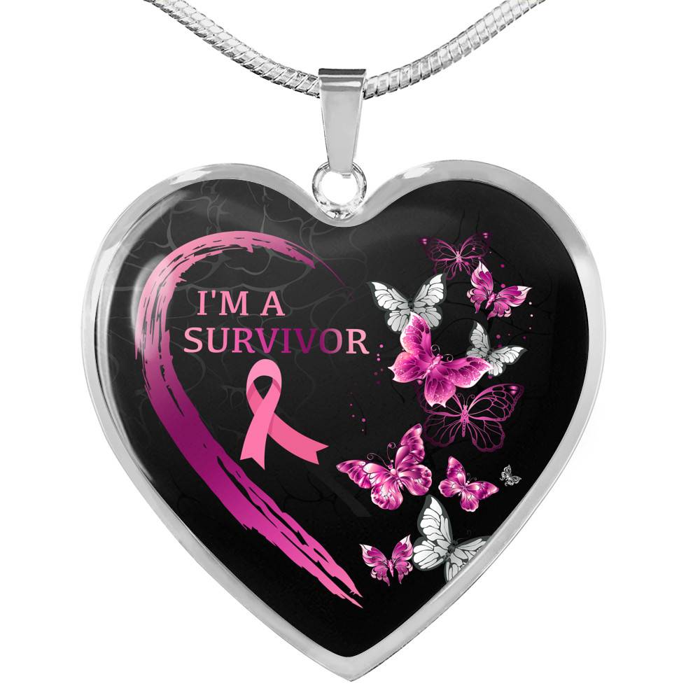 Pink Ribbon Butterfly I'm a Survivor Breast Cancer Awareness Month Heart Pendant Necklace Gifts - Heart Luxury Necklace (Silver)
