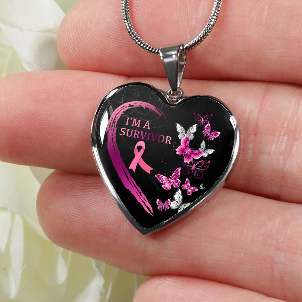 Pink Ribbon Butterfly I'm a Survivor Breast Cancer Awareness Month Heart Pendant Necklace Gifts - Heart Luxury Necklace (Silver)
