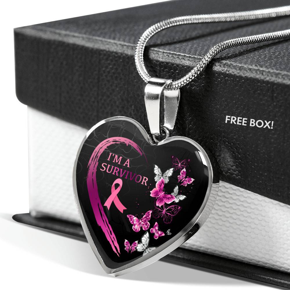 Pink Ribbon Butterfly I'm a Survivor Breast Cancer Awareness Month Heart Pendant Necklace Gifts - Heart Luxury Necklace (Silver)