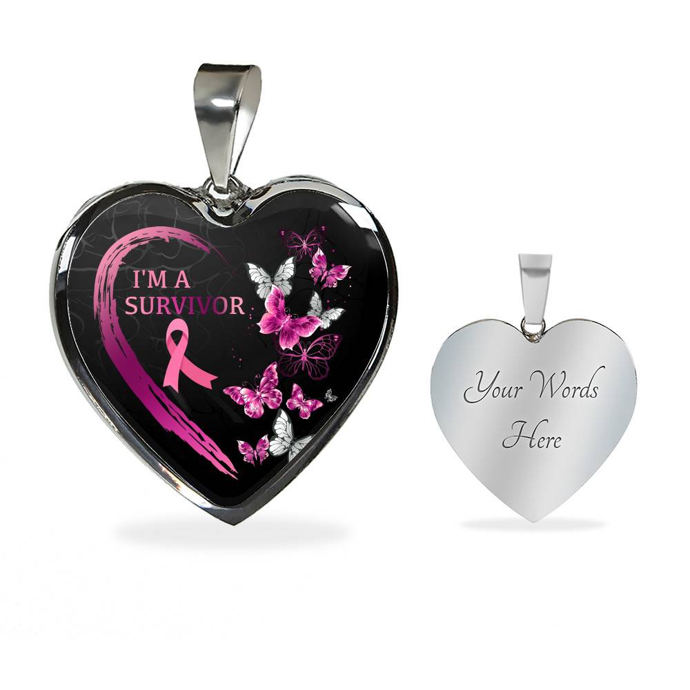 Pink Ribbon Butterfly I'm a Survivor Breast Cancer Awareness Month Heart Pendant Necklace Gifts - Heart Luxury Necklace (Silver)