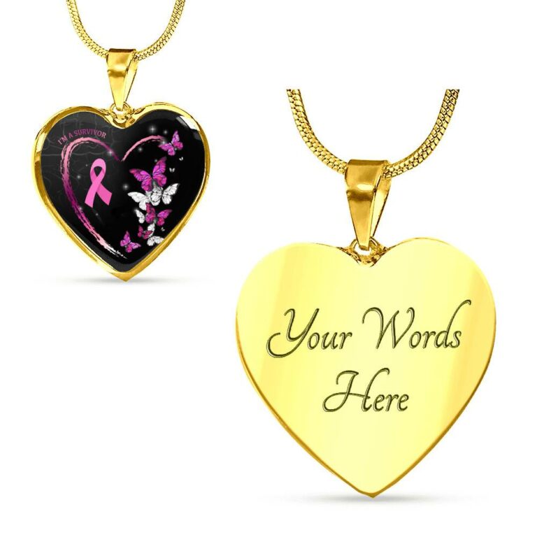 I'm A Survivor Breast Cancer Awareness Pink Ribbon Butterflies Luxury Heart Pendant Necklace - Heart Luxury Necklace (Gold Plated)