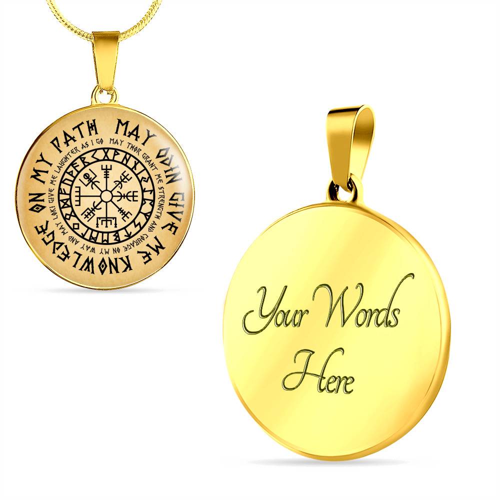 Nordic Vikings May Odin Give Me Knowledge On My Path Circle Pendant Necklace - Norse Mens Necklace Jewelry - Circle Luxury Necklace (Gold Plated)