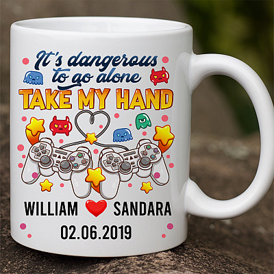 Alternative view of Personalized It's Dangerous to Go Alone So Take My Hand - Romantic Gift for Game Lover Couple Ceramic Mug