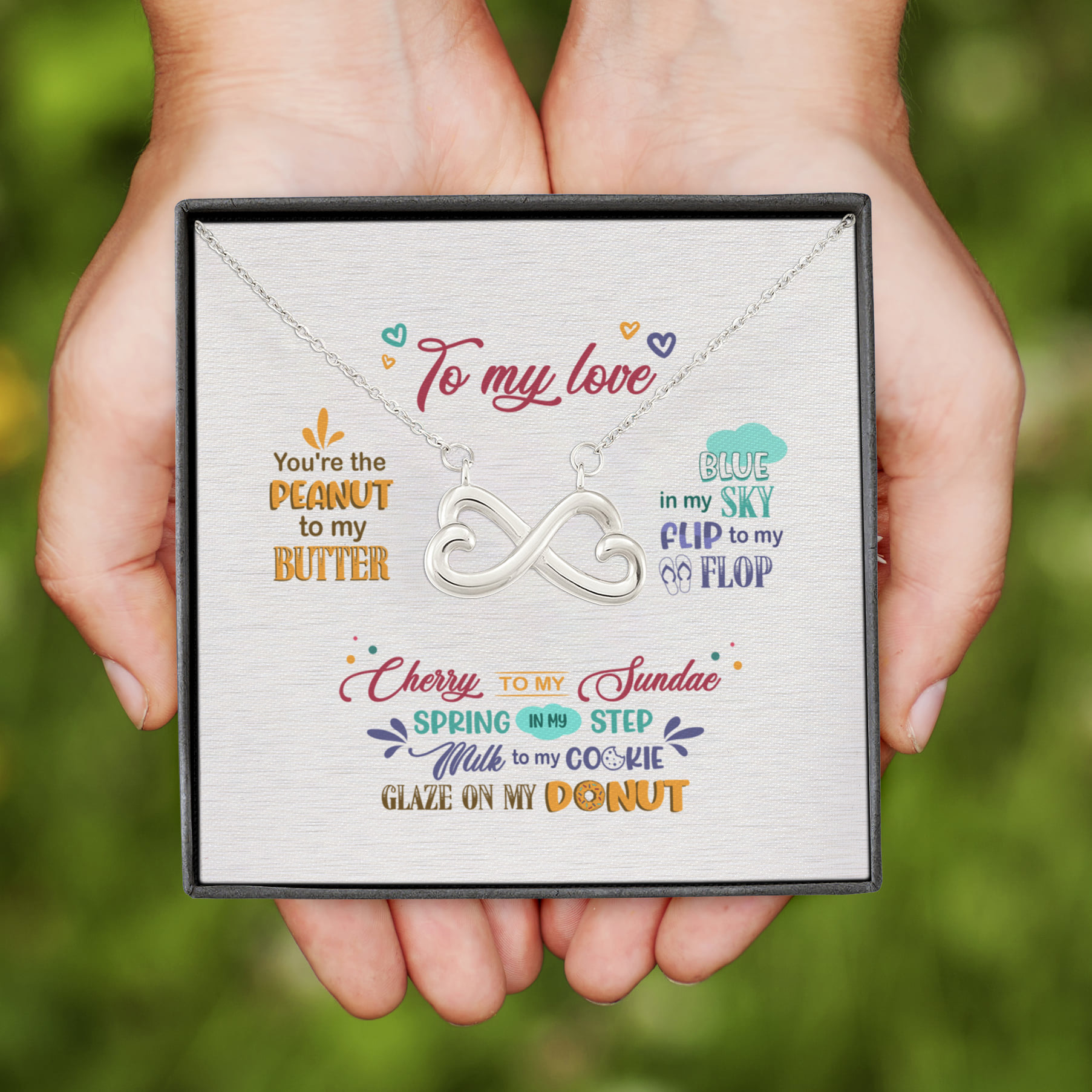 3NH. Peanut Butter Message Card (4) Infinity Heart Necklace (Silver)