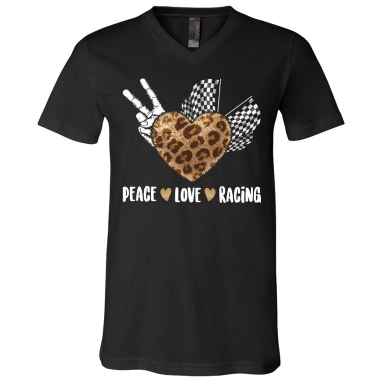 Peace Love Racing Leopard, Black, V-Neck T-Shirt