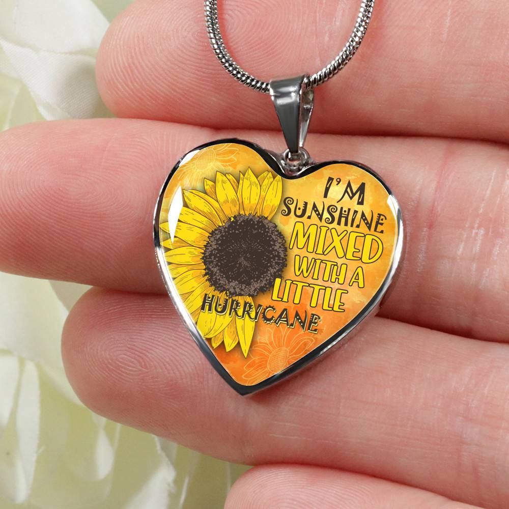 I'm Sunshine Mixed With A Little Hurricane Sunflower Heart Pendant Necklace - Heart Luxury Necklace (Silver)