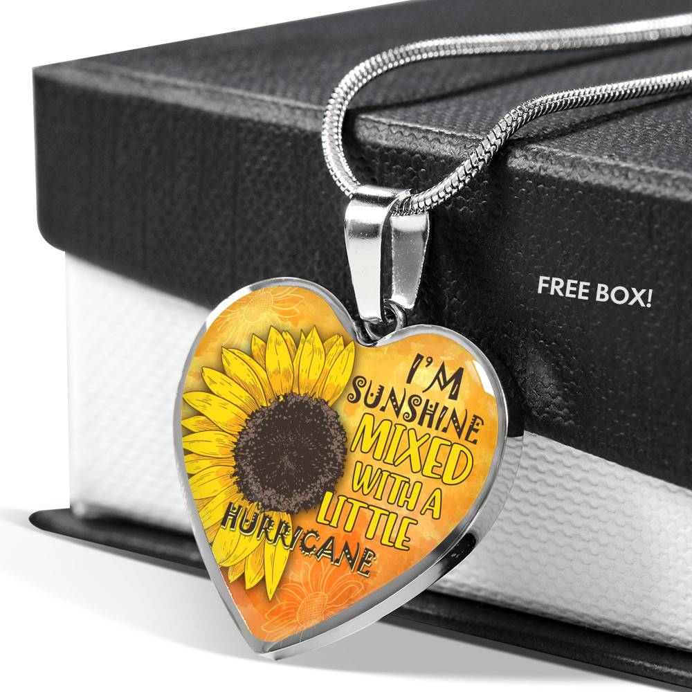 I'm Sunshine Mixed With A Little Hurricane Sunflower Heart Pendant Necklace - Heart Luxury Necklace (Silver)