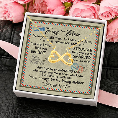 Son to My Mom Whenever Life Tries to Knock You Down Just Remember Letter Infinity Heart Pendant Necklace
