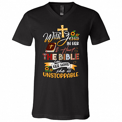 With Jesus In Her And Heart TheShirt, Black, V-Neck T-Shirt
