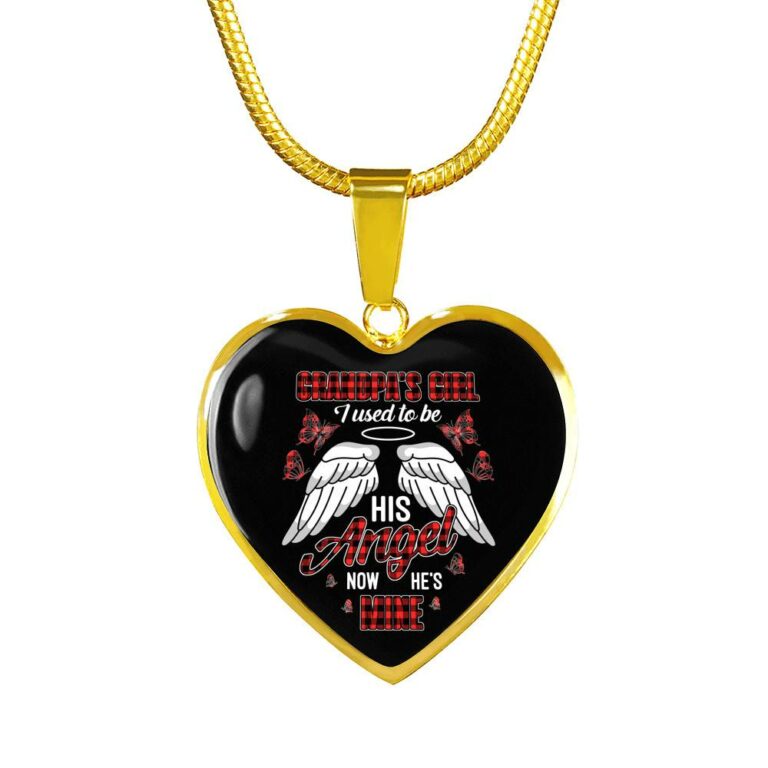 Grandpa's Girl I Used to Be His Angel Now He's Mine Angel Wings Heart Pendant Necklace for Granddaughter - Heart Luxury Necklace (Gold Plated)