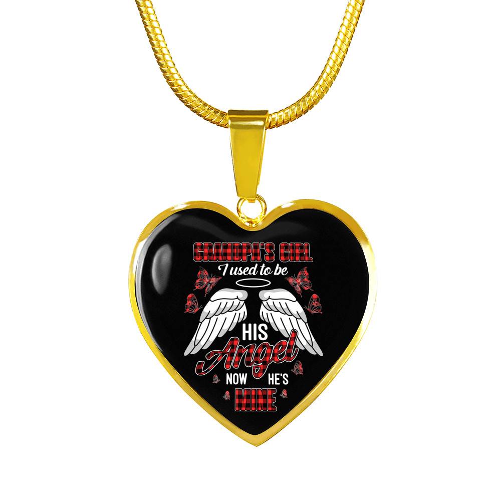 Grandpa's Girl I Used to Be His Angel Now He's Mine Angel Wings Heart Pendant Necklace for Granddaughter - Heart Luxury Necklace (Gold Plated)