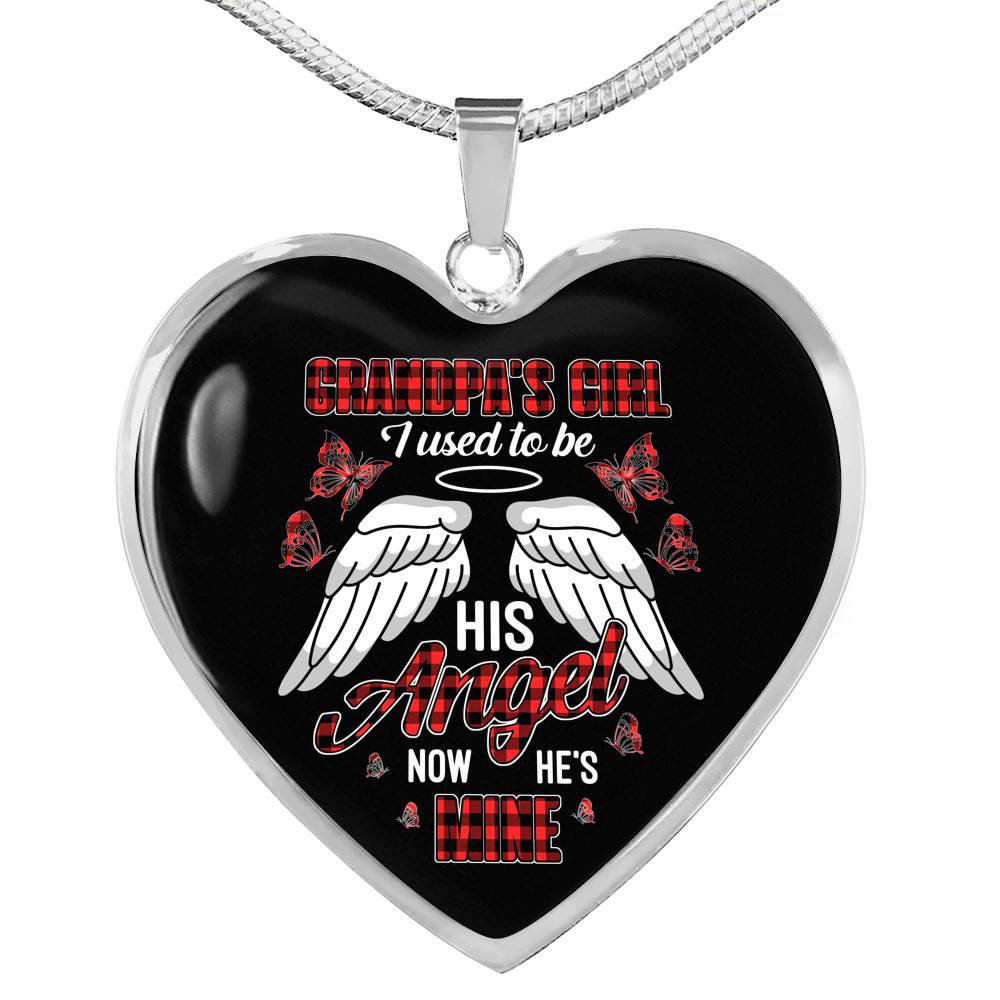 Grandpa's Girl I Used to Be His Angel Now He's Mine Angel Wings Heart Pendant Necklace for Granddaughter - Heart Luxury Necklace (Silver)