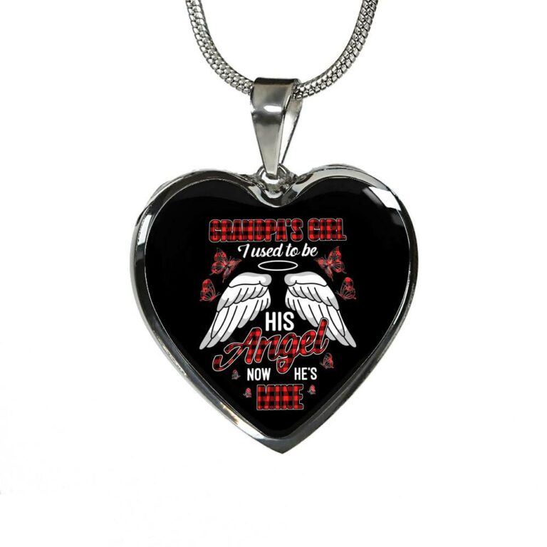 Grandpa's Girl I Used to Be His Angel Now He's Mine Angel Wings Heart Pendant Necklace for Granddaughter - Heart Luxury Necklace (Silver)